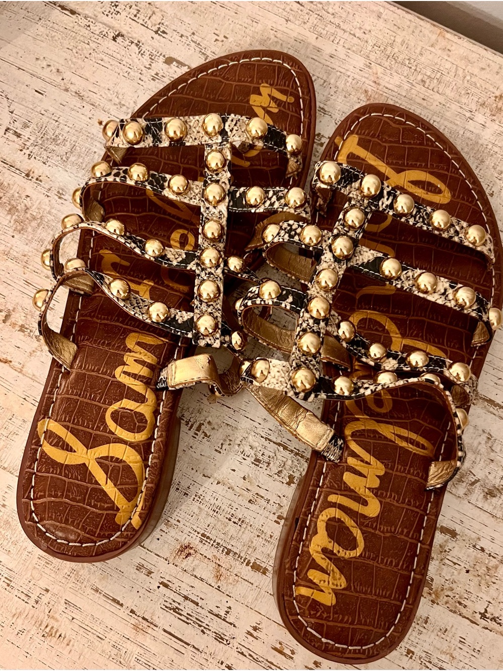 Sam Edelman Juniper Studded Snake Print Leather Slide Sandals